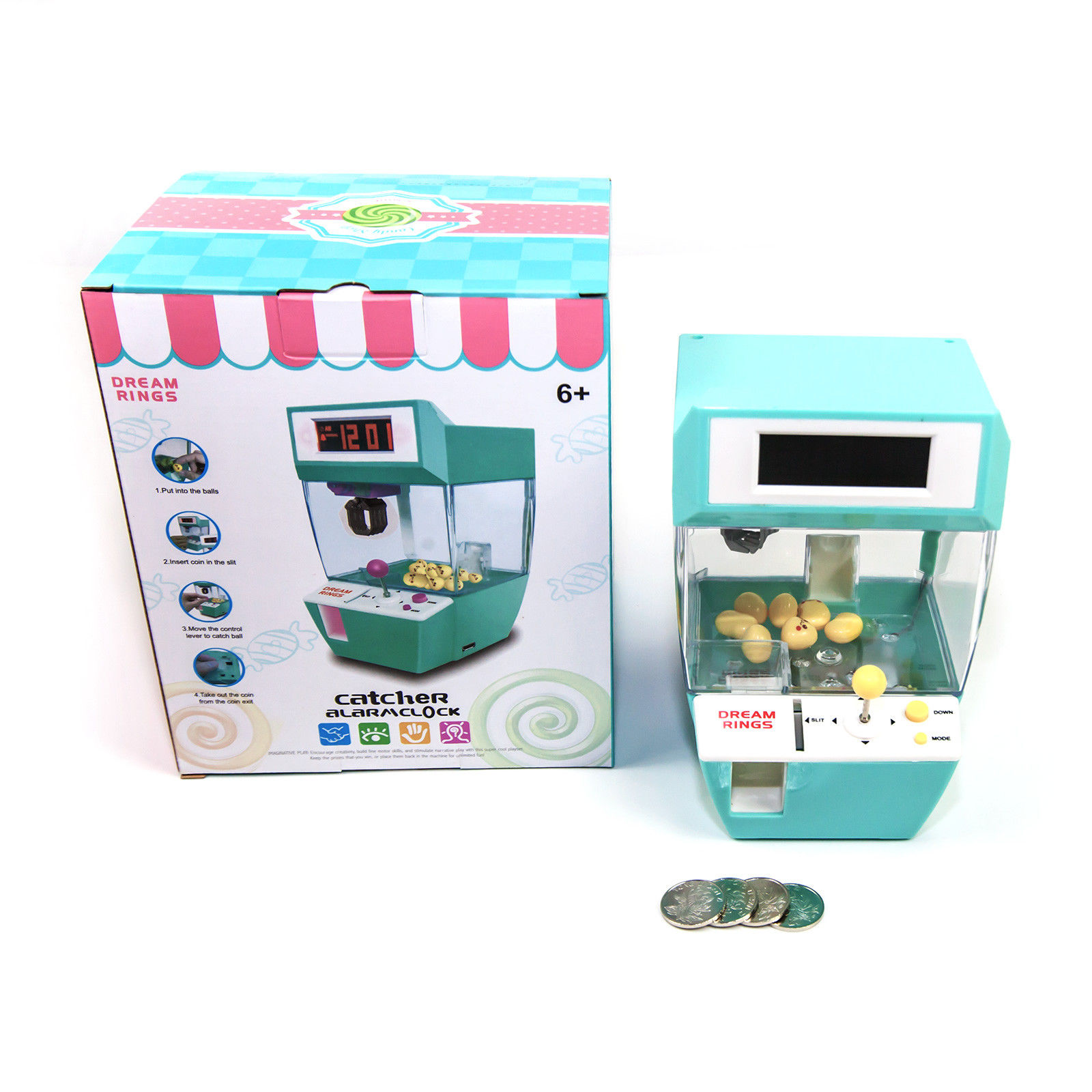 4 Toy Coins 16 Balls Rose red Pokerty Mini Claw Machine 2 in 1 Toy Claw Machine LCD Alarm Clock Mini Candies Toys Prize Dispenser Game with Sound